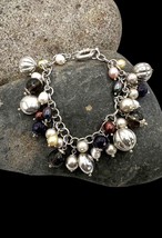 Italy Sterling Silver Amethyst Smokey Quartz Pearl Dangle Charm Bracelet 8&quot; - $89.99