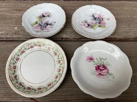 Antique Lot 4 Vintage Porcelain Butter Pats Pink &amp; Red Roses Flowers 3&quot; - $19.75