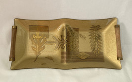 Vintage Colony glass double serving tray gold leaves wood handles mid century - £11.99 GBP