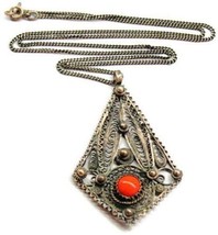 20&quot; Vintage Sterling Silver Necklace 2&quot; Filigree Detailed Pendant Heavy Patina - $37.64