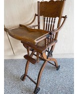 19th Century Oak Wood Convertible Baby High Chair Pressed Back Wheels - $297.00