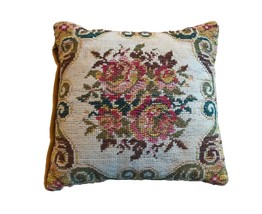Vintage Wool Floral Rose Bouquet Needlepoint Pillow Velvet Back 12” Zippered - £29.88 GBP