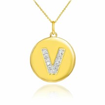 Solid 10k Yellow Gold Letter &quot;V&quot; Initial Diamond Disc Charm Pendant Necklace - £225.43 GBP+