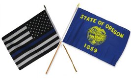 AES 12x18 12&quot;x18&quot; Wholesale Combo USA Police Blue Line &amp; Oregon State Stick Flag - £8.13 GBP