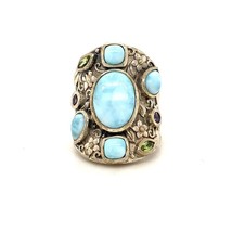 Vtg Signed Sterling D&#39;Joy Cluster Larimar with Multi Stone Accent Dome Ring sz 8 - £73.95 GBP