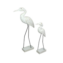 Set of 2 Hand Carved Wood and Metal White Egret Bird Statues Coastal Decor - £50.25 GBP