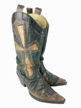 Stetson Grunge Cross Overlay Rivets Crackle Boots Black Brown $310 Rtl Size 6 - £93.95 GBP
