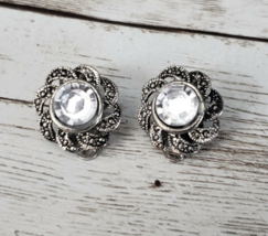 Vintage Clip On Earrings - Large Clear Gem with Ornate Dark Silver Tone Halo - £11.00 GBP