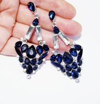 Montana Blue Chandelier Earrings, Rhinestone Crystal 3.1 in Navy, Pageant Bridal - £28.19 GBP