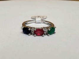 Tri-Color Gem Crystal Ring Silver Colored Band Size 9 Minimalist - $23.44