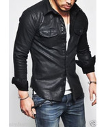 Camicia da uomo in vera pelle di agnello fatta a mano elegante casual NE... - $220.69 CAD+