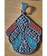 Antique Egyptian palm leaf large pendant with turquoise and coral mosaic... - $20.00