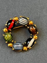 Vintage Small Green White Blue Black &amp; Red Striped Oval Glass Agate Cab Goldtone - £14.45 GBP