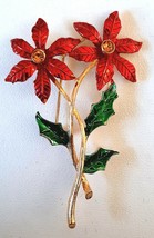 RAFAELIAN Christmas Poinsettia Red Green Enamel Rhinestone Brooch Pin Vintage - £14.07 GBP