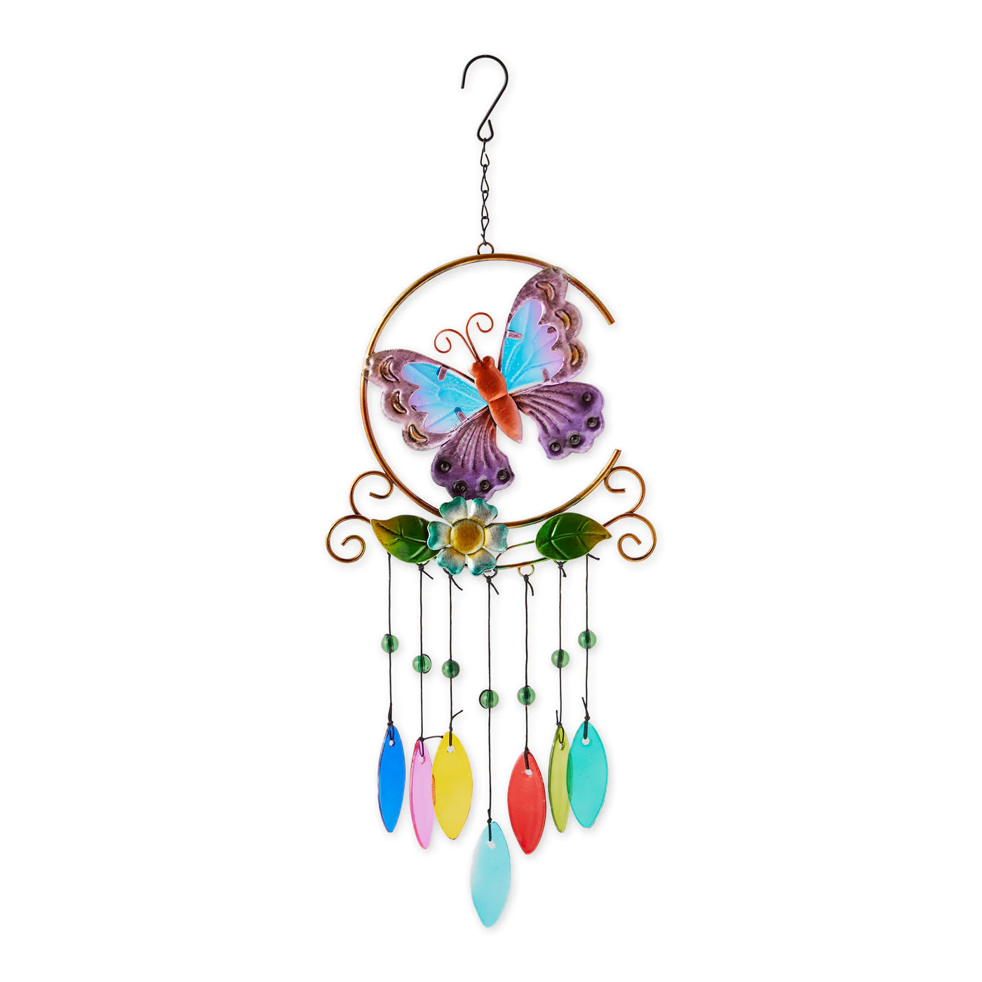 Glass Leaves Wind Chime - Butterfly Iron Ornament - $34.26
