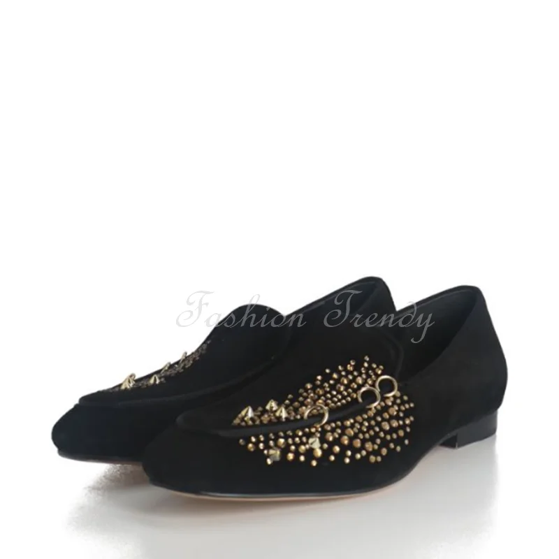 Men Black Suede Sneakers Gold Studs Round Buckle Casual Flats Block Low ... - £126.31 GBP