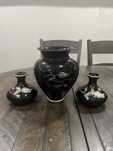 Fenton Autumn On Black Vase Candle Holders Set Console Fall Leaves Hand ... - $296.99