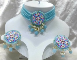 Bollywood Indian Gold Plated Jewelry Kundan Choker Blue Necklace Enameled Set - £21.76 GBP