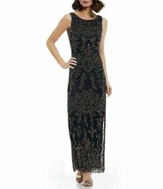 Pisarro Nights Embellished Mesh Gown Sz 16 Gold Navy - $106.13