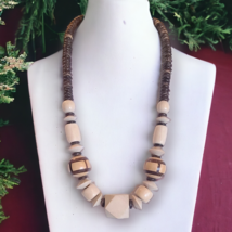 Brown Cream Wood Beaded Necklace Abstract Geometric Beach Boho 22&quot; - £3.84 GBP