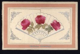 BIRTHDAY GREETINGS  FOLD OUT FAN Applied SILK ROSES  Poem inside - to Gr... - $4.90