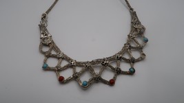 Vintage Ethnic 19&quot; Blue Red Accent Silver Wire Wrap Necklace missing sto... - $13.00 CAD