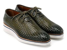 Paul Parkman Mens Shoes Green Leather Upper Oxford Style Handmade 182-WV... - $348.99