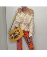 Hand Painted Yellow Leather Bag Hippie Flower Power Crossbody - €281,01 EUR