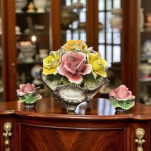 Capodimonte Italy Large Flower Rose Basket &amp; Matching Candle Holders Vin... - $7,292.36 MXN