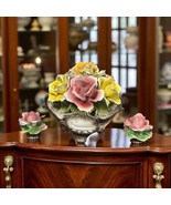 Capodimonte Italy Large Flower Rose Basket &amp; Matching Candle Holders Vin... - $7,292.36 MXN