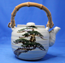 Japanese Teapot with Picture of Bonsai Tree On the Side Clay Lid Bamboo Handle - £12.28 GBP