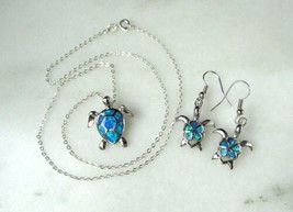 Sterling Silver Blue Opal Turtle Pendant Necklace &amp; Dangle Earrings Set C3584 - £38.46 GBP