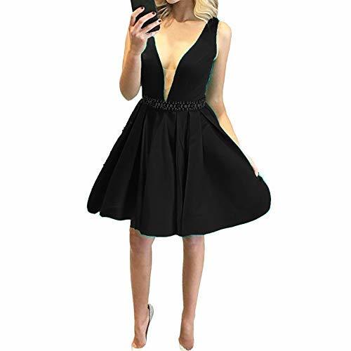 Kivary Satin Sheer V Neck Beaded Waist Formal Prom Homecoming Dress Little Black