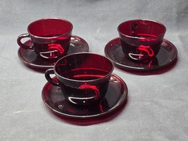 Vintage Anchor Hocking ROYAL RUBY RED Coffee Cups &amp; Saucers - USA Made S... - $16.62