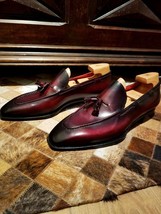 Men Handmade Tassel Loafer Cowhide Burgundy Leather Moccasins Dress Form... - €111,47 EUR+