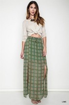 New UMGEE Lime Green Plaid Print Erin Maxi Skirt with Dual Slits Size S M L - $39.99