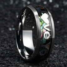 Creative Stainless Steel &quot;I Love You&quot; Letter Inlay Koa Wood &amp; Abalone Shell Ring - £16.07 GBP