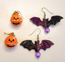 Fall Halloween EARRINGS LOT Cute Pumpkin Vampire Bat Jack O Lantern French Wires - £7.88 GBP