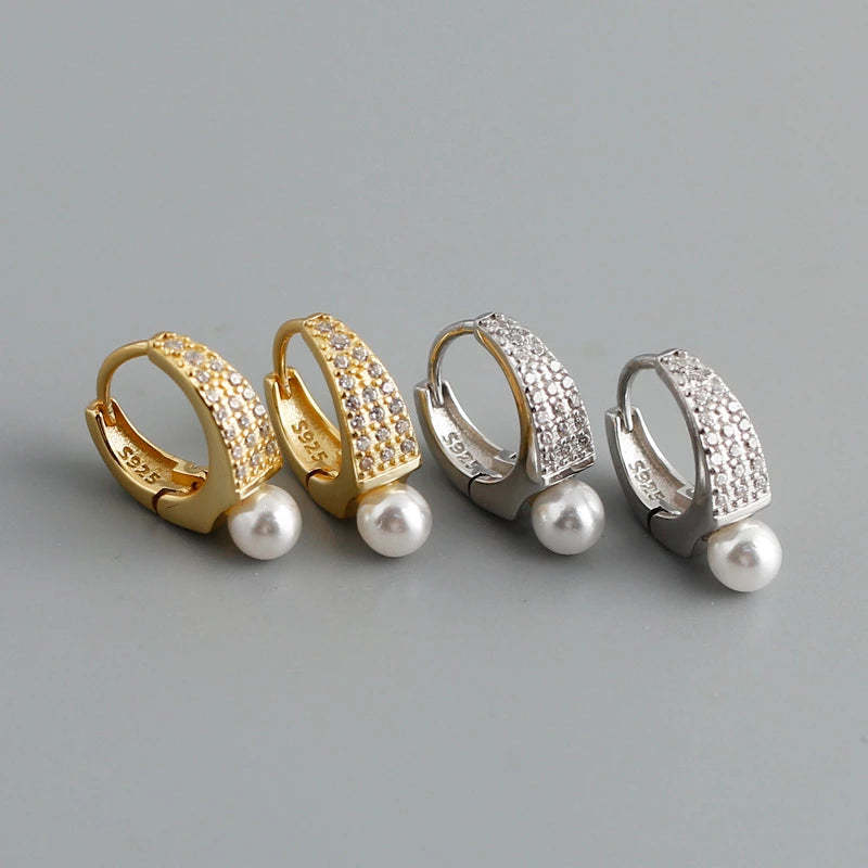 Anyco Earrings Sterling Silver Punk Luxury Pave Crystal Zircon Pearl Ear Buckle  Item image 3