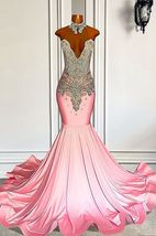 Luxury Diamonds Prom Dresses for Women Fashion Pink Rhinestones Formal Gown - £239.00 GBP