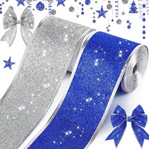 2 Rolls 20 Yards Christmas Wired Ribbons 2.5 Inch Glitter Ribbons Craft ... - $23.82