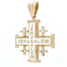 Jerusalem Cross Pendant 14K Yellow Gold Diamonds with White Enamel Unique Gift - £696.26 GBP