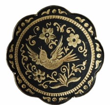 Dove of Peace Damascene Brooch Gold Tone &amp; Black Floral Scroll Trombone Clasp - £28.96 GBP