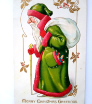 Santa Claus Christmas Postcard Tucks Old World Green Robe Coat Walking Stick - £33.00 GBP