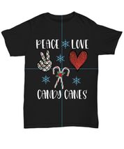 Peace Love Candy Canes Winter Design for Christmas Black Unisex T Shirt ... - £18.84 GBP