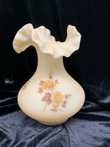 Vintage Fenton Art Glass Hand Painted Custard Chocolate Roses Flowers Vase - £59.87 GBP