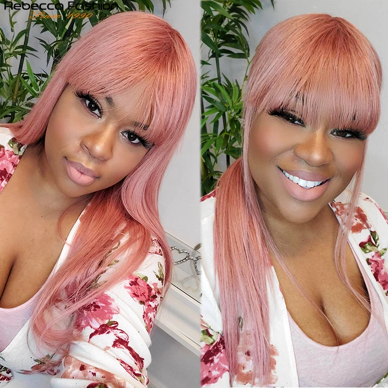 Pink Wig Straight Wig With Bangs Brazilian Remy Ginger Pink Straight Hum... - £53.23 GBP+