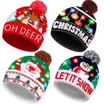 4 Pack Led Christmas Hat, Christmas Light Up Beanie Hats Ugly Sweater Knit Hats  - £36.70 GBP
