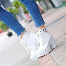 LIN KING Big Size Lace Up Women Motorcycle Boots Thick Sole Square Heel Round To - £56.18 GBP