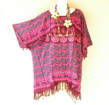 KB462 Paisley Batik VNeck Plus Kimono Poncho Hippy Women Blouse Top up t... - $24.90